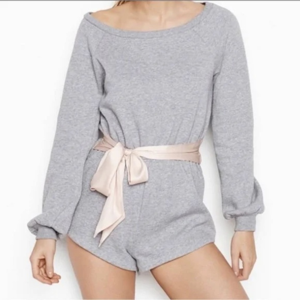 Victoria’s Secret Fleece Gray Romper with Satin Pink Tie Women's Size